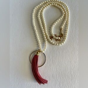 NWOT WA Studios Faux Pearl Red Leather Tassel Necklace